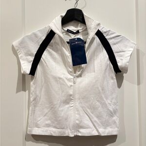 Brandy Melville White and Black Zip-Up Short Sleeve Top